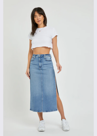 Hidden Peyton Side Slit Stretch Denim Midi Skirt