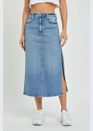 Hidden Peyton Side Slit Stretch Denim Midi Skirt