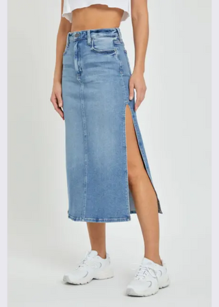 Hidden Peyton Side Slit Stretch Denim Midi Skirt