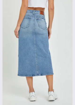 Hidden Peyton Side Slit Stretch Denim Midi Skirt