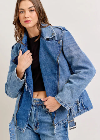 Hidden Relaxed Biker Denim Jacket