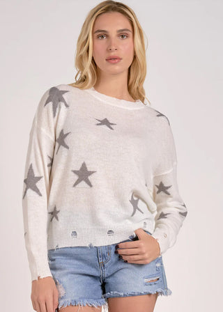 Elan Distressed Star Crewneck Sweater